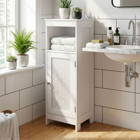 Meuble de salle de bain 1 porte 30x80 cm avec cannage blanc - KLIKA (1/5)