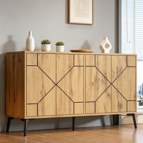 Aparador de 4 puertas 120 x 35 x 69 cm con mecanismo de presión, MDF y metal, natural HAVRYA (1/5)