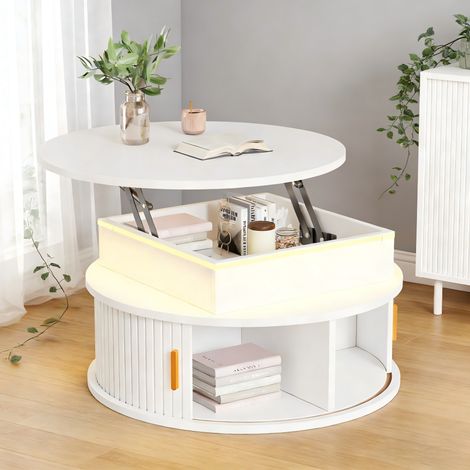 Mesa de centro elevable redonda 75x75x52 cm MDF blanca con LED y almacenaje – MEUBLIV (1/5)