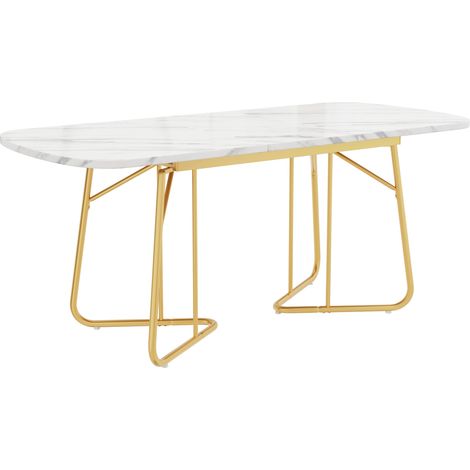 Mesa de comedor extensible blanca efecto mármol con patas de metal dorado 140/180x80 cm (1/5)