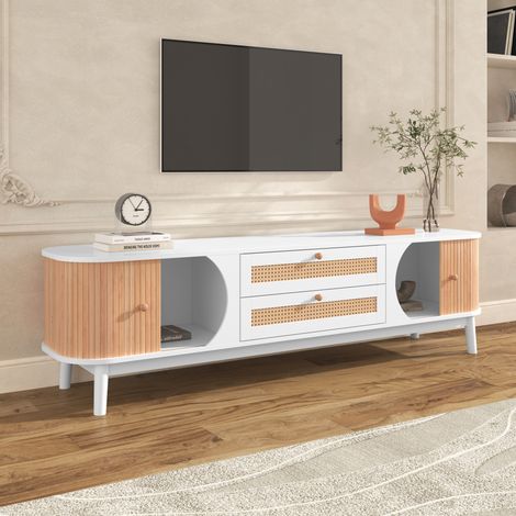 Mueble TV 170x39.5x46 cm con dos puertas y dos cajones hecho de madera natural con paneles laterales de ratán blanco (1/5)