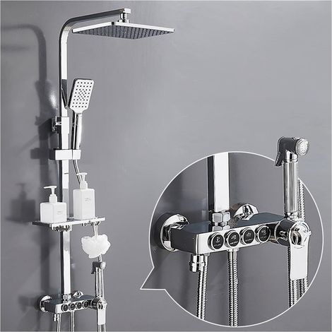 Ensemble de douche mitigeur thermostatique intelli Ensemble de douche numérique chaud et froid robinet système de douche de salle de bains robinet de douche en or noir pommeau de douche carré système (1/5)