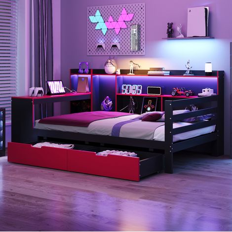 MEUBLIV Bettgestell 90x200 cm schwarz-rot – mit Stauraum, Schreibtisch, ohne Matratze (1/5)