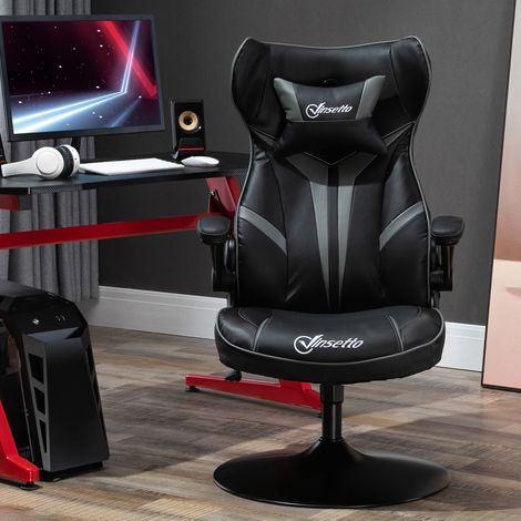Vinsetto Fauteuil gamer chaise de jeu gaming pivotante 360° ergonomique hauteur réglable accoudoirs revelables coussin têtière inclus revêtement similicuir 67 x 70 x 106-112 cm gris clair et noir