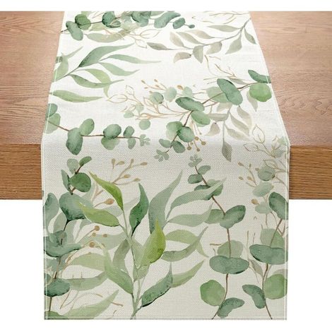 Chemin de table en coton et lin avec feuilles d'eucalyptus pour cuisine, salle à manger, décoration intérieure ou extérieure, 30 x 180 cm (1/4)