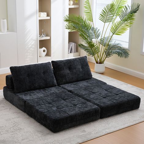 Divano letto pieghevole con cuscini 79 x 79 x 57 cm, ciniglia nera HAVRYA (1/5)
