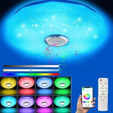 Plafonnier LED coloré 36W avec haut-parleur Bluetooth, télécommande et application de contrôle, température de couleur 3000K à 6000K, idéal pour chambre d'enfant ou salon. (1/4)
