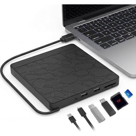 Lecteur Cd Dvd Externe Pour Ordinateur Portable Et Bureau - Graveur Usb 3.0 Type-C Avec Lecteur De Carte Sd/Tf Et Ports Usb - Comp (1/5)