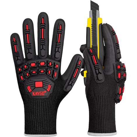 Anti-Shock Work Gloves with TPR Protection Cut resistant class C, nitrile coating, good adhesion, ideal for builders (Black Red, XL) (1/5)