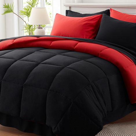 Parure de lit légère réversible 7 pièces, lit dans Un Sac pour Grand lit, avec 1 Couette (223,5 x 223,5 cm), 2 taies d'oreiller, 1 Drap Plat, 1 Drap-Housse, Rouge et Noir (1/5)