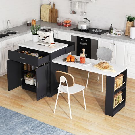 Carrello da cucina con tavolo da pranzo estraibile, 2 cassetti, 2 ripiani ad apertura laterale, presa, nero e bianco (1/5)