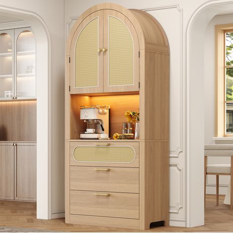 Credenza alta 80/35/180 cm con ante in rattan, LED regolabile e ampio spazio contenitivo (1/5)