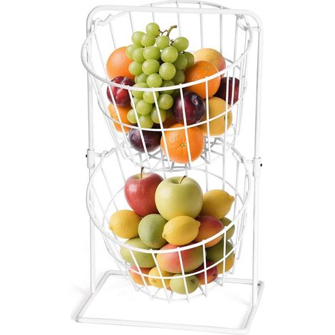Corbeille à fruits de comptoir en métal à double couche, idéale pour ranger fruits, légumes, pain et en-cas blanche. (1/5)