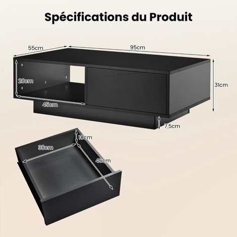 Contemporary Coffee Table with LED Lights 20 Colors 95x55x31 CM Living Room Table with Large Drawer and Compartment Black (1/5)
