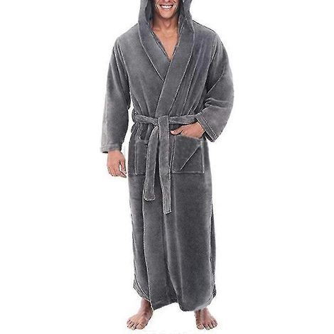 Peignoir en polaire chaude avec capuche pour homme, long peignoir en éponge gris - 2XL (1/2)