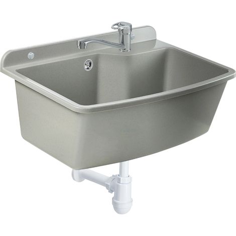 GOSPO Ausgussbecken mit stehende Armatur, Waschbecken 61 cm x 44 cm x 23,5 cm, Waschtrog mitüberlauf (1/5)