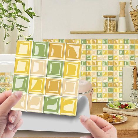 JSSEVN - Kitchen Tile Stickers, 50 PCS Solid Color Mosaic Wall Stickers for Kitchen Floors, Self-Adhesive Wall Stickers (20x20cm, Yellow Green) (1/5)