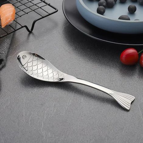 (Argent, 15 cm, 3 pièces) Cuillères en acier inoxydable en forme de poisson, vaisselle de qualité alimentaire, adaptées aux desserts glacés.