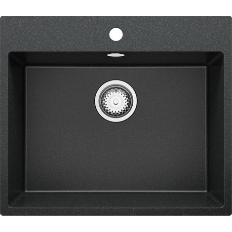 PRIMAGRAN Evier Cuisine en Granit 58x50cm, Lavabo 1 bac + Kit de Vidage, Évier à Encastrer au meuble 60cm - Riga, Graphite