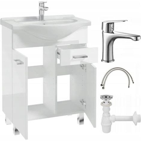 Badezimmerschrank mit Waschbecken auf Beinen 85x55, stehend weiß Mea mit länglichem Chromhahn