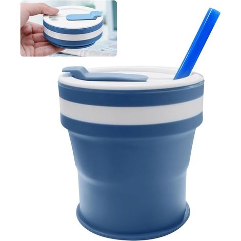 Tazza da caffè pieghevole - Tazza da viaggio con cannuccia - Caffè da asporto - Leggera e a prova di perdite - Capacità 350 ml - Blu (1/5)