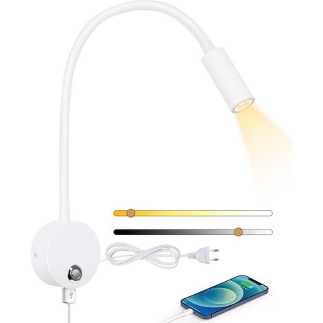 1 - Wandleuchte - Leselampe - Dimmbar 3000K-6000K - 5V/2A USB-Anschluss - 360° verstellbarer Schwanenhals - Schlafzimmer - Schwarz - 3W (1/5)