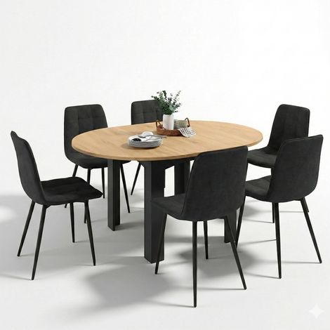 Set ausziehbarer runder Esstisch DONA schwarz Buchenholzplatte 110 - 150 cm und 6 Stühle MILA Samt schwarz