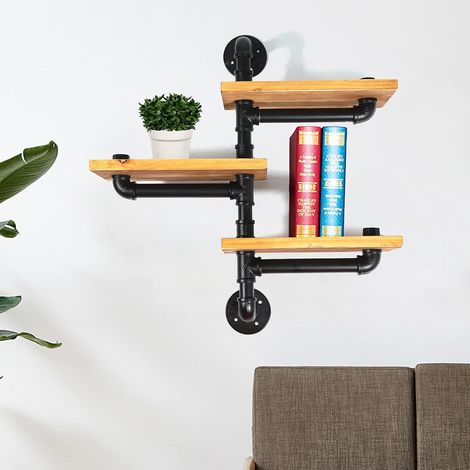 Étagère à tubes industrielle de 3 étages en bois massif, design industriel Vintage décoration murale étagère en bois métallique étagère en bois flottant Vintage pour Bureau à domicile (1/5)