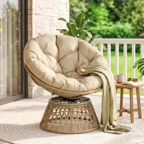 Fauteuil papasan en rotin, fauteuil pivotant à 360° avec coussin rembourré, 85 x 70 x 82 cm, kaki (1/5)
