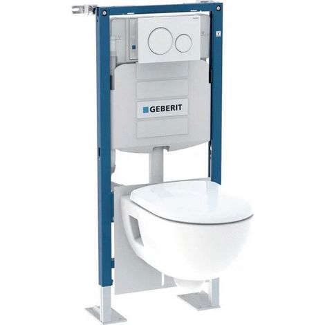 Geberit – Bâti support WC suspendu Duofix – Réservoir Sigma 12cm – Plaque Sigma20 – WC Rimfree Renova – Alimentation R 1/2"