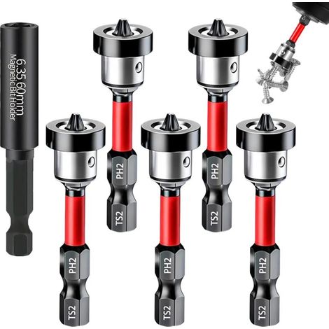 Lot de 6 Embouts Visseuse  PH2 Magnétiques, 1/4" Tige Hexagonale Porte-embouts Cloison Sèche avec Butée de Profondeur, Embout Tournevis à Positionnement, pour Perceuses, Visseuses