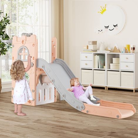 Toboggan 6 en 1 pour Tout-Petits de 1 à 3 Ans Toboggan pour Bébé avec Panier de Basket et Télescope Aire de Jeux d'Intérieur Rose et Blanc (1/5)