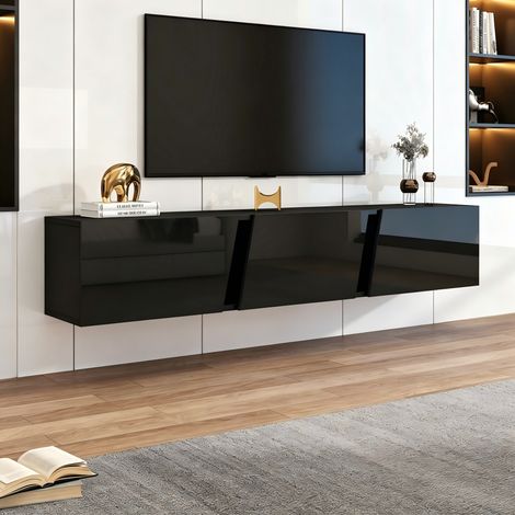 Meuble TV mural noir brillant 180 x 35 x 30 cm avec LED, 3 portes abattantes, rangement moderne pour salon (1/5)
