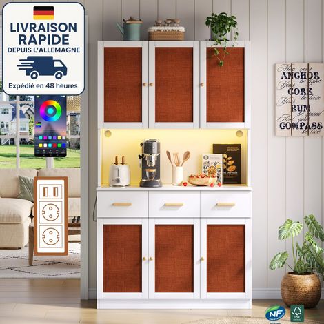 Credenza alta bianca, 105 x 43 x 182 cm, stile country moderno, ante in tessuto, nicchia LED, presa di corrente integrata + porta USB, maniglie in legno, ampio spazio di archiviazione (1/5)