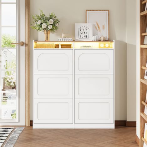 Meuble à chaussures moderne, avec 6 compartiments à abattants, LED, deux niches de rangement ouvertes, adapté à l’entrée ou au couloir, Blanc + naturel, dimensions: B120/H130/T24 cm (1/5)