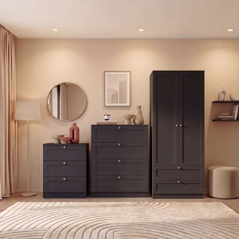 Altino 3 Piece Bedroom Set with 3 Drawer Bedside, 4 Drawer Chest, 2 Door 2 Drawer Wardrobe, Black (1/4)