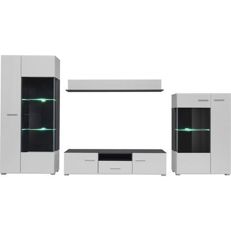 Dusine – Ensemble meuble TV LED Capone 310 cm – Bois foncé et blanc laqué – 2 placards, 1 tiroir, vitrine et étagère – Design contemporain (1/4)