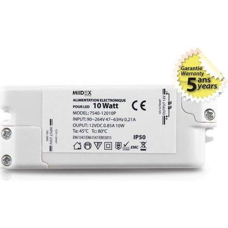 Transformateur pour luminaire 10W – Tension 12V DC – Intensité 0,85A – IP50 pour espaces confinés – Miidex Lighting
