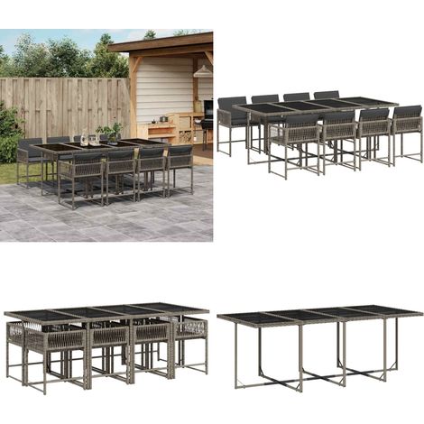 9-tlg. Garten-Essgruppe mit Kissen Grau Poly Rattan - Gartentisch - Gartenmöbelset - Esstisch - Outdoor Möbel - Terrassenmöbel - Home & Living (1/5)