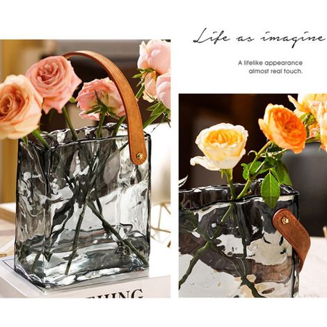 Lot en verre clair style nordique, petit vase à poissons en forme de sac à main ambré, avec emballage en polystyrène et boîte intérieure. (1/5)