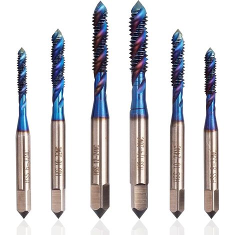 Sollbry 6 machos de roscar de acero rápido (HSS) con ranuras espirales, machos de roscar de acero de alta velocidad americanos, brocas para máquina con revestimiento azul. (1/5)