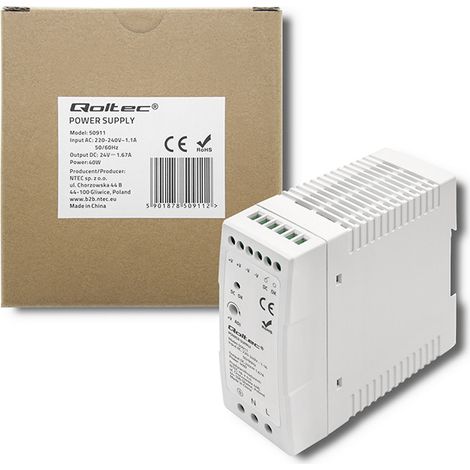Qoltec DIN-Schienen-Netzteil 40 W 24 V 1,67 A Weiß Schlank (1/5)