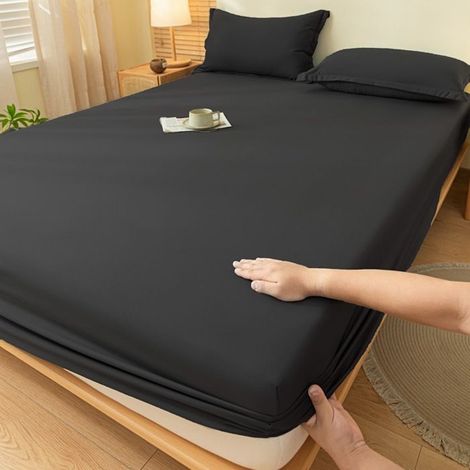 Drap-housse, housse de couette, couvre-lit en coton uni, protège-matelas (1 pièce) - noir - 90 x 190 cm (1/4)