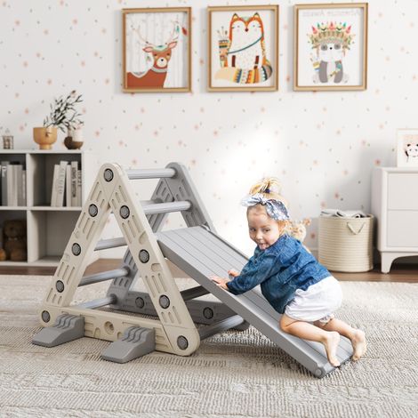 Triangle d’escalade 130x80x69 cm gris blanc pour enfants de 18 à 48 mois avec glissade et rampe et
