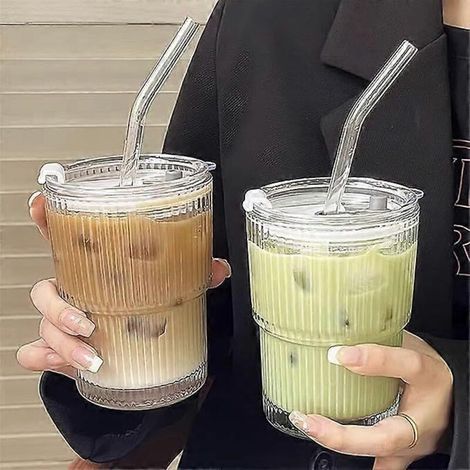 Lot de 2 gobelets en verre de 400 ml avec couvercle et paille. gobelets à smoothie en verre avec paille. gobelets de voyage étanches pour café et café glacé. gobelets pour boissons chaudes et froides (1/4)