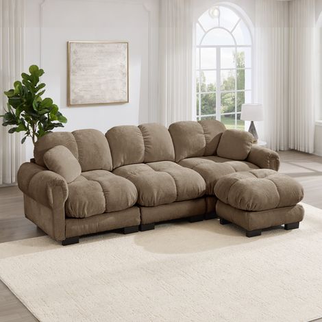 Sofá modular con otomana móvil, cojín extraíble y asiento acolchado, tejido de chenilla marrón para salón. (1/5)