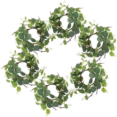 6 Pièces Anneaux de Bougie Eucalyptus Artificiels avec Fleurs Blanches Couronnes Vertes pour Décoration Printemps Été Pillier (1/5)