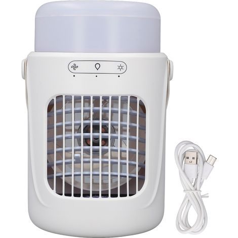 Portable air conditioner fan with 3 speeds, 600ml water tank, 6-hour timer, and 7-color LED light. (1/5)