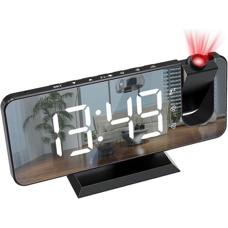 Réveil à projection pour chambre à coucher, grand écran LED miroir de 7,4 pouces avec chargement USB et rotation à 180°. (1/5)