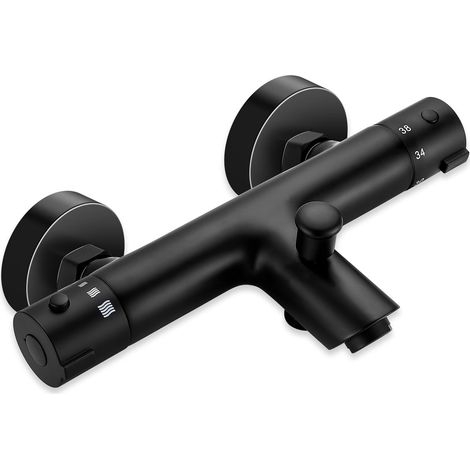 1 Robinet Thermostatique Noir, 2 Sorties, Verrouillage 38°C, Cuivre, Acier Inoxydable, Pour Salle De Bain